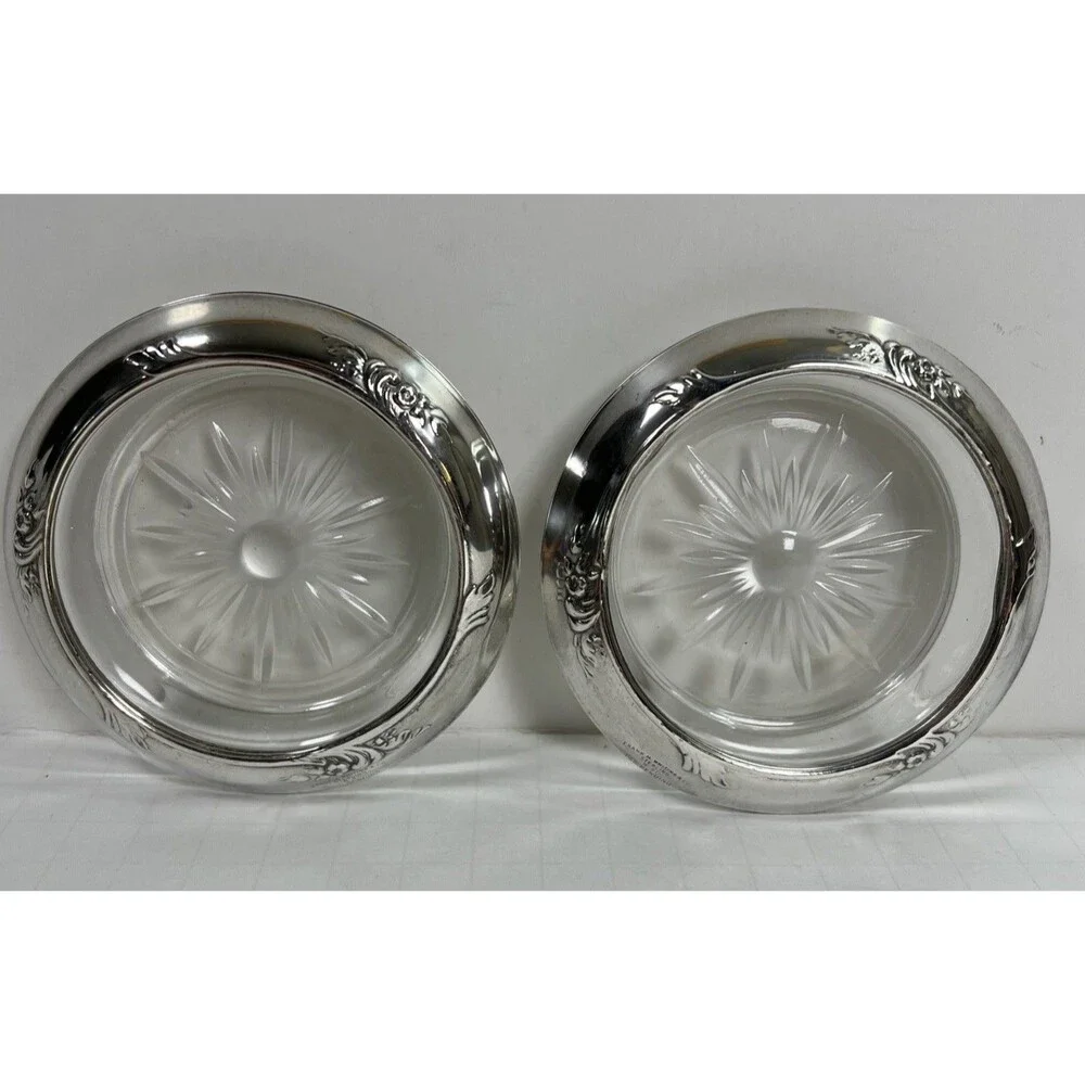 2 Vintage Frank M Whiting & Co Sterling Silver & Cut Glass Coasters Starburst